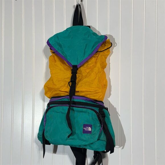 VTG The North Face 90s Convertible Backpack Waist Pack Teal Yellow Purple Korea - Picture 1 of 10